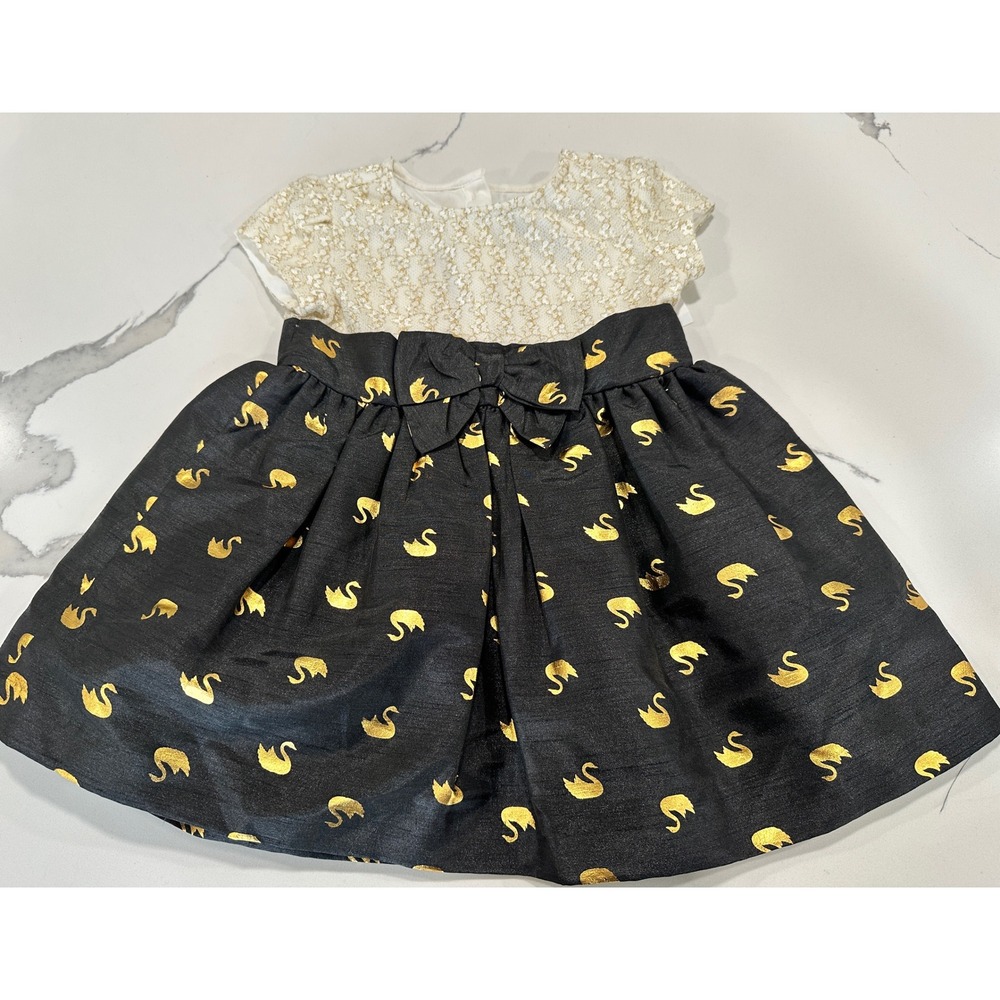 Crown & Ivy Kids Girls 2T Black Gold Swan Lace Party Dress Holiday Special Event